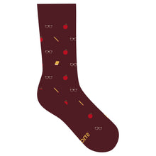 Load image into Gallery viewer, Socks that Give Books - Small (Red Apples, Pencils, and Glasses)