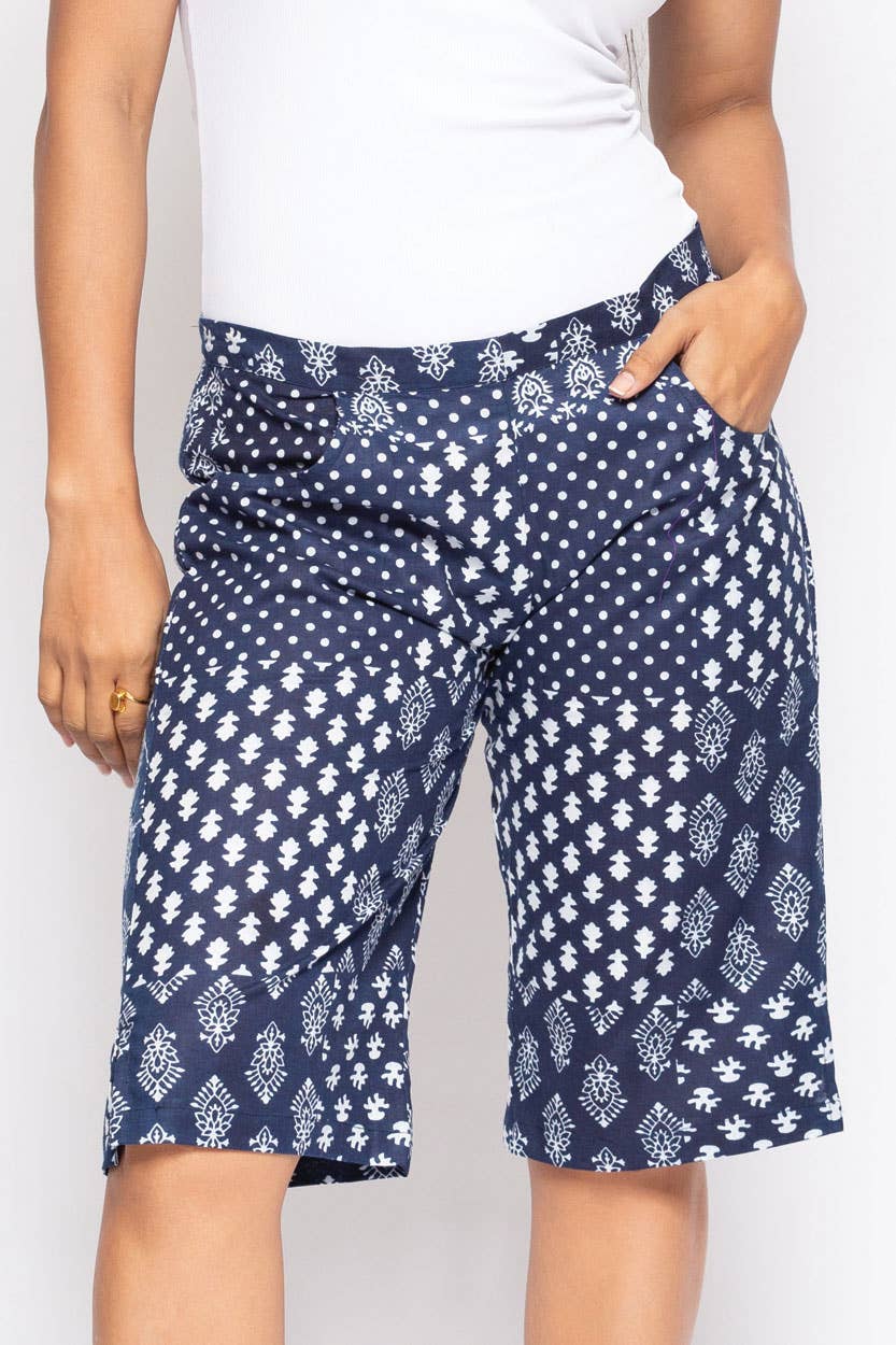 Block Print Cotton Shorts : Navy / L/XL