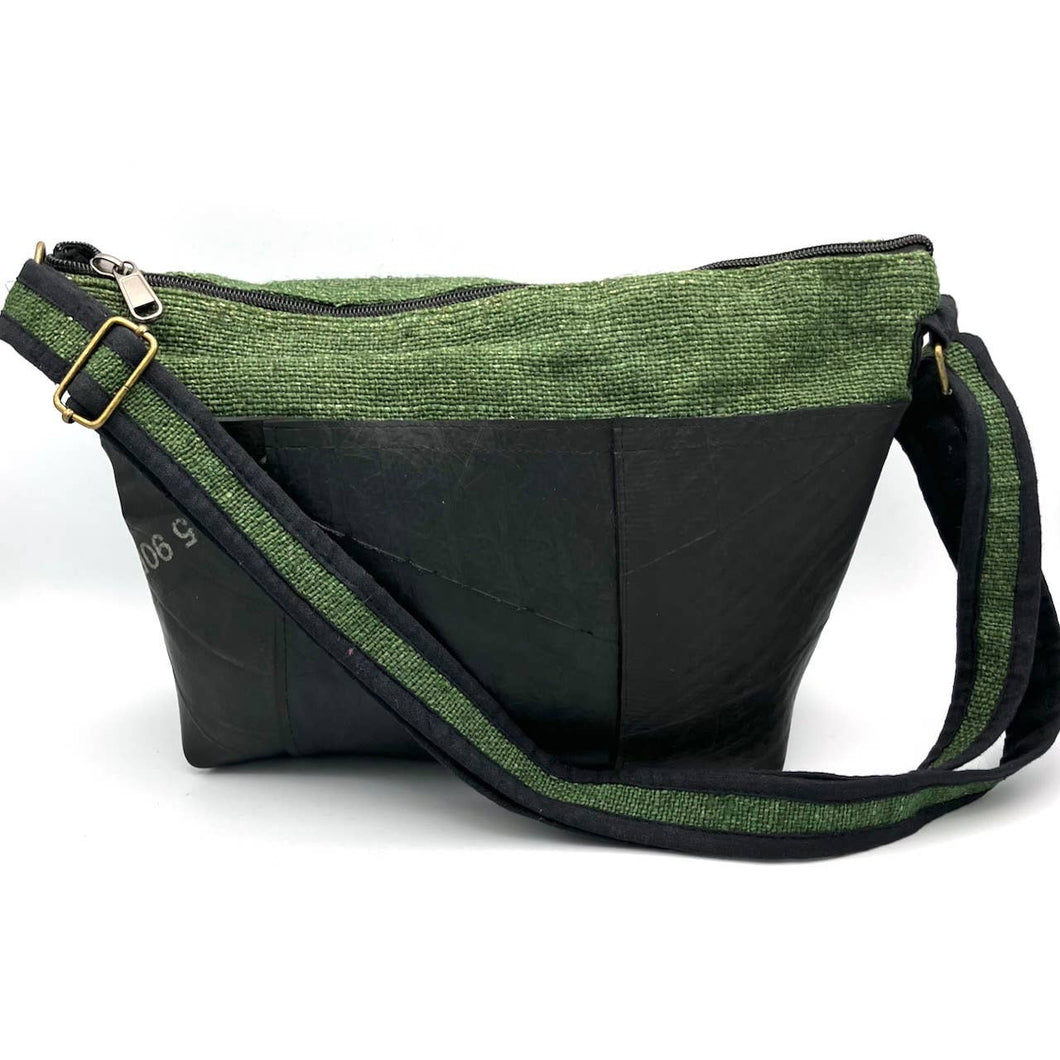 Vegan Recycled Inner Tube and Hemp Sling Bag - Olive