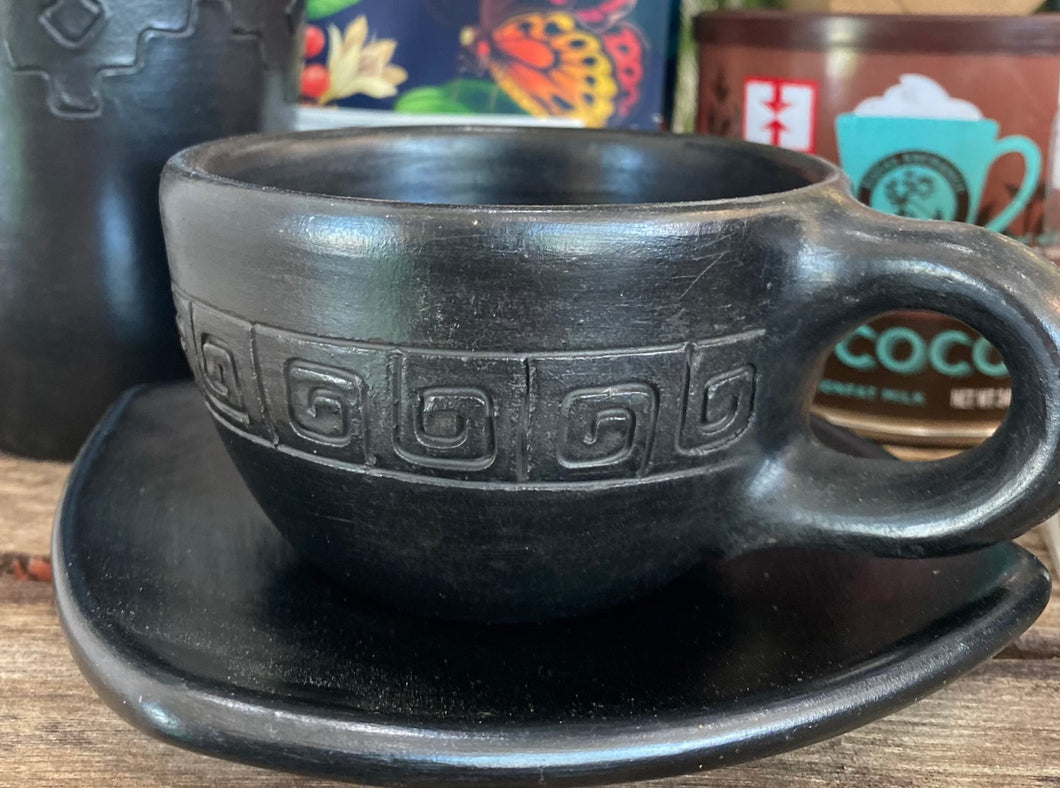 Black Ceramic Handled Etched Cup and Square Saucer (sold as set)