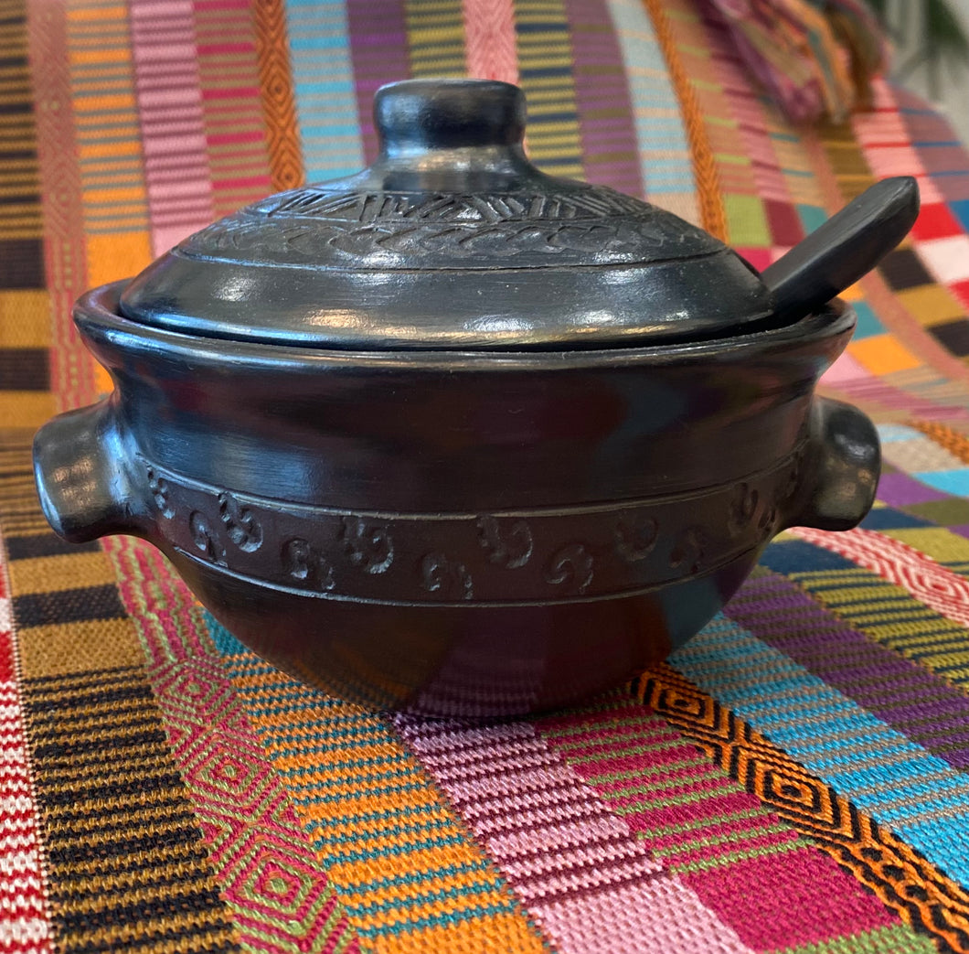 Black Ceramic Sugar Bowl (w. etching, handles & etched lid)