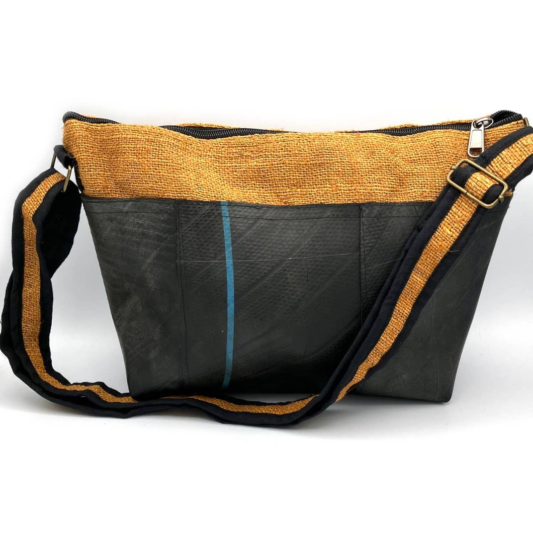 Vegan Recycled Inner Tube and Hemp Sling Bag - Mustard