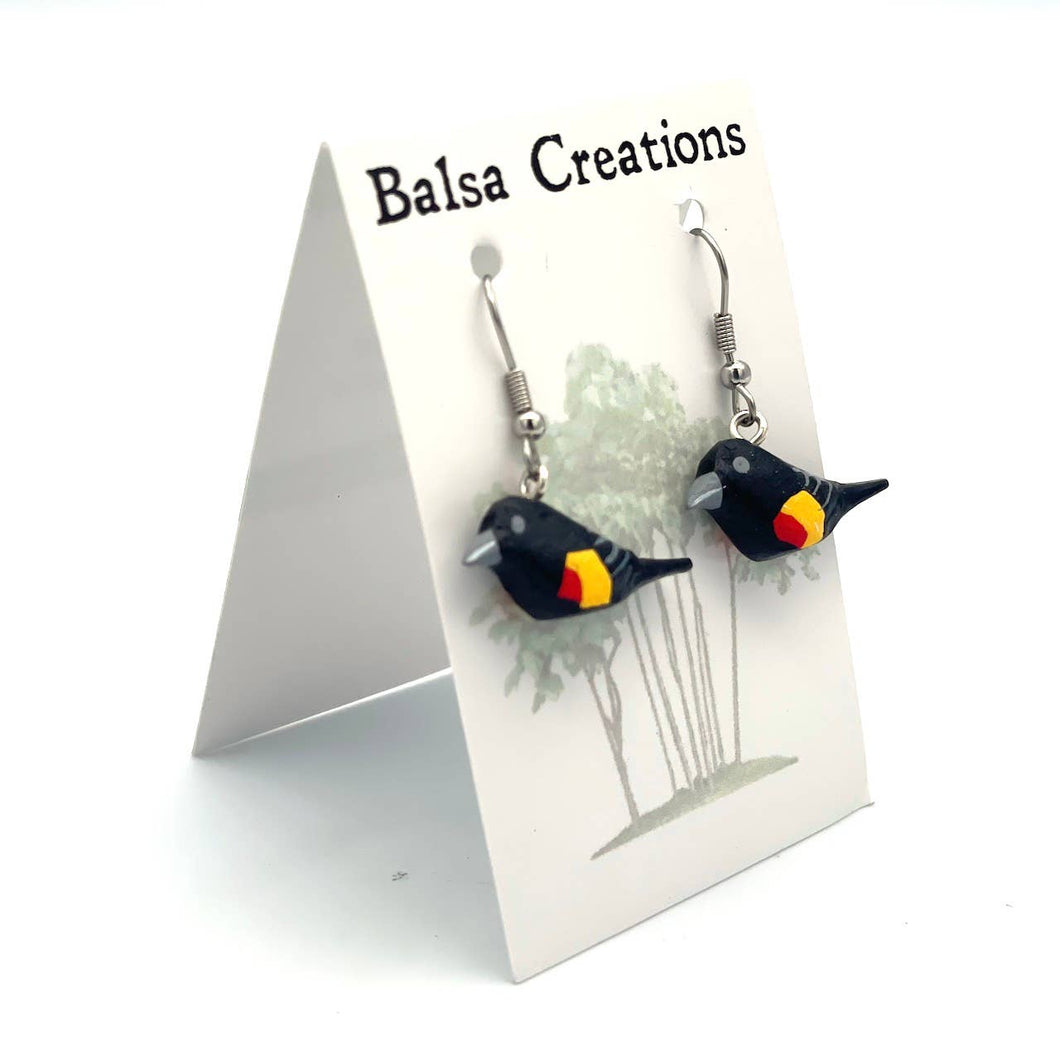 Red Winged Blackbird Balsa Earrings