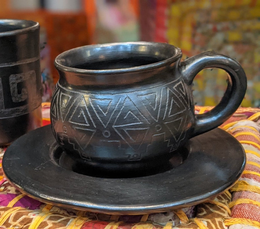 Black Ceramic Cup and Plate w. Etching