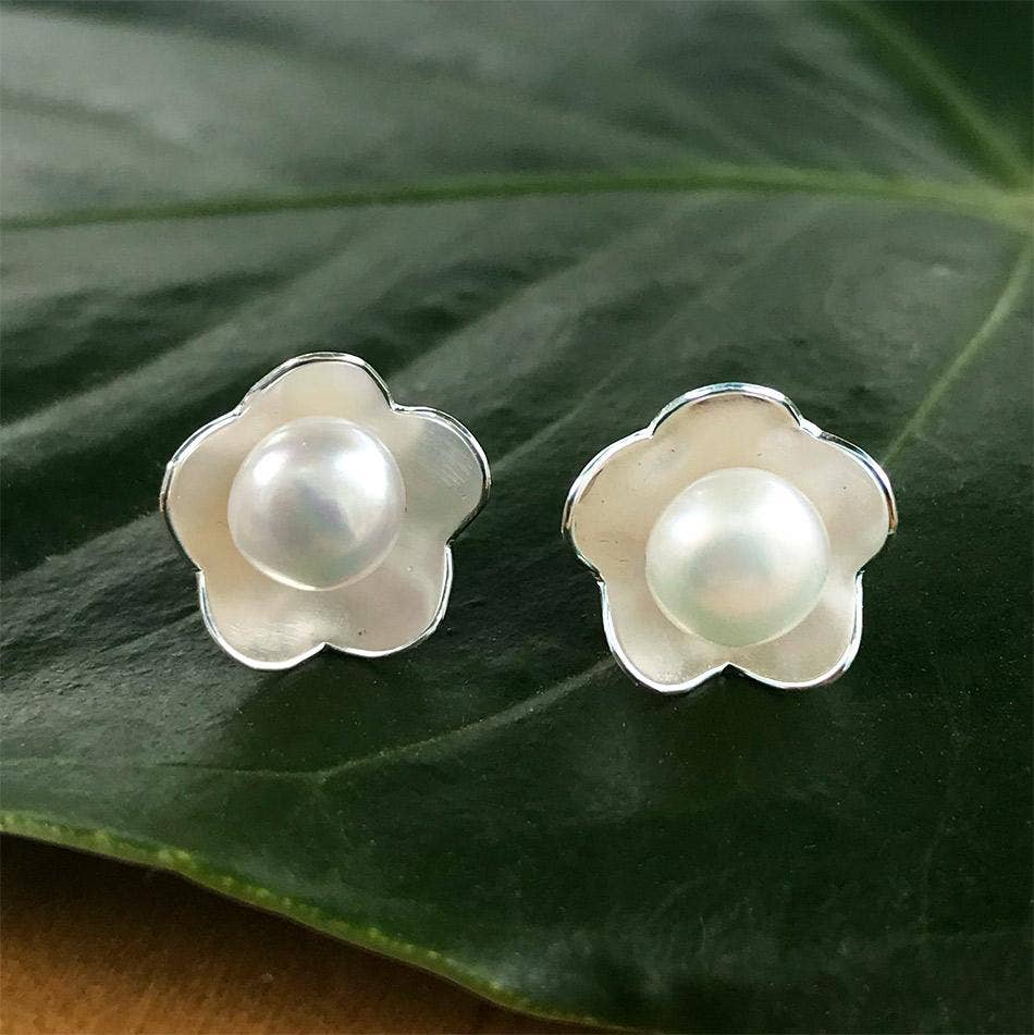 Hidden Pearl Studs - Sterling Silver, Indonesia