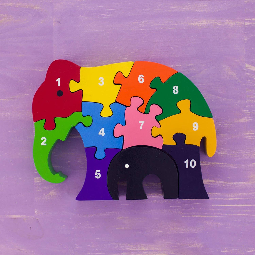 Wooden Puzzle Mama and Baby Elephants Numbers (w)