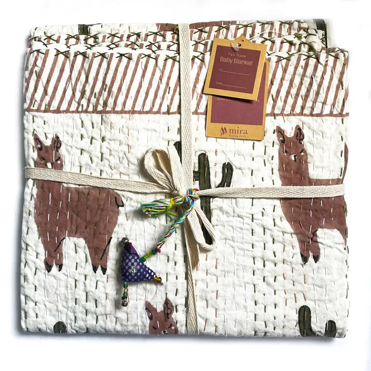Block Printed Kantha Baby Quilt - Llama