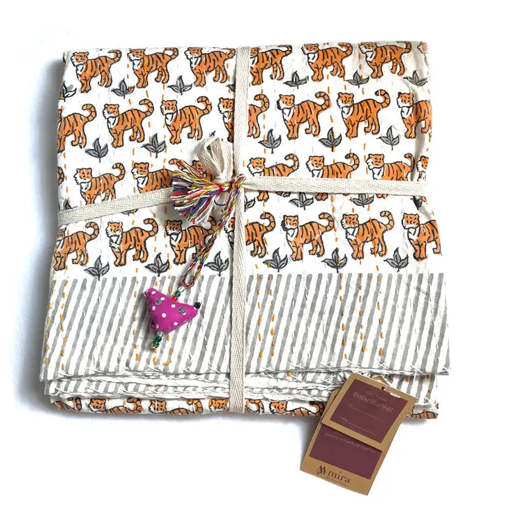 Block Printed Kantha Baby Quilt - Tiger